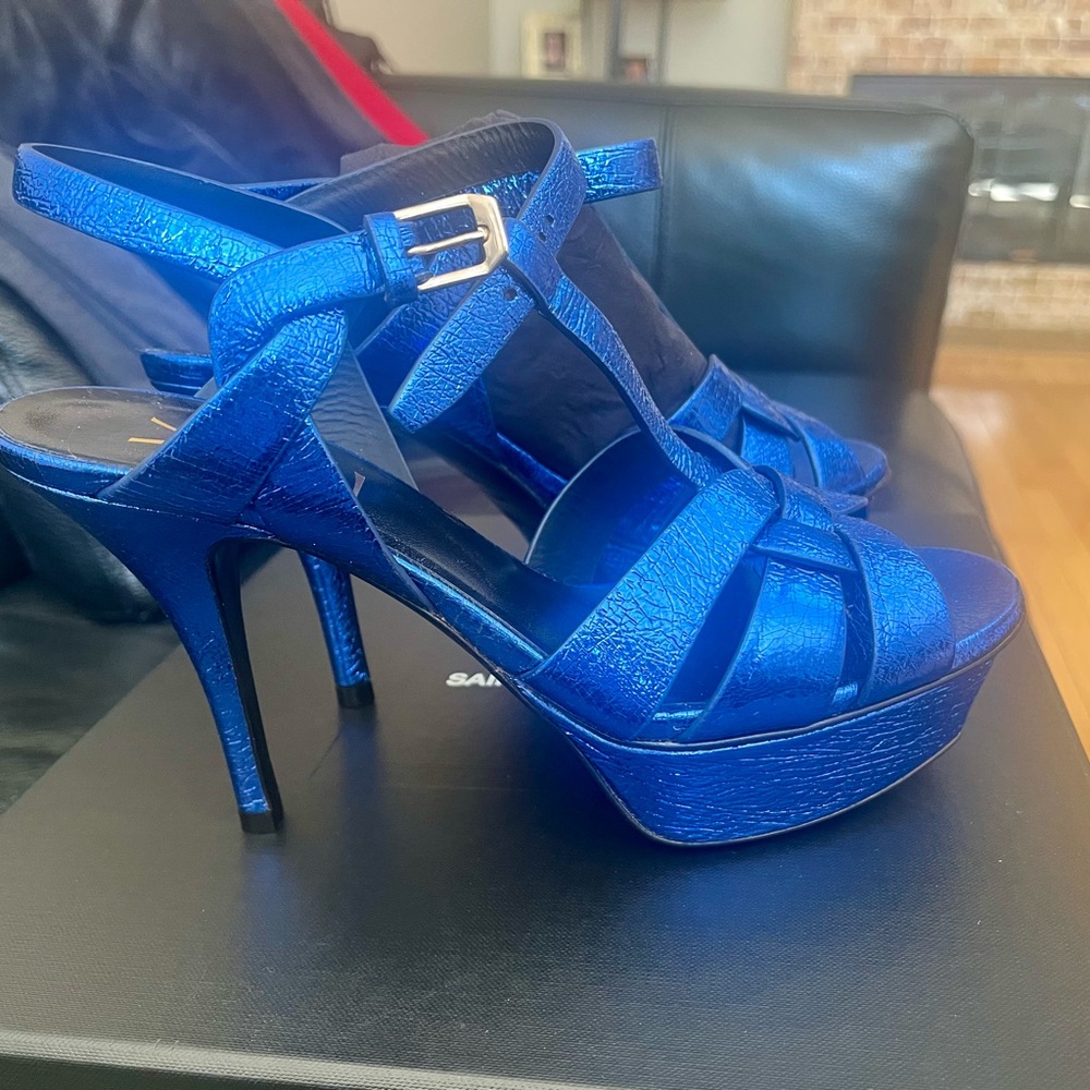 Brand new authentic Saint Laurent Strappy Blue Platform Heels